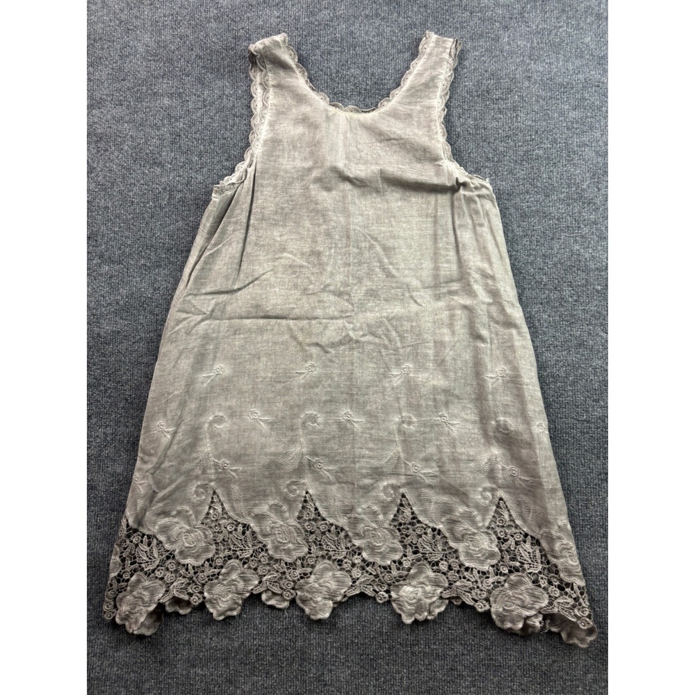 Sea Gypsies Mini Dress Womens Medium Grey Cotton‎ Lace Trim Boho Embroidered